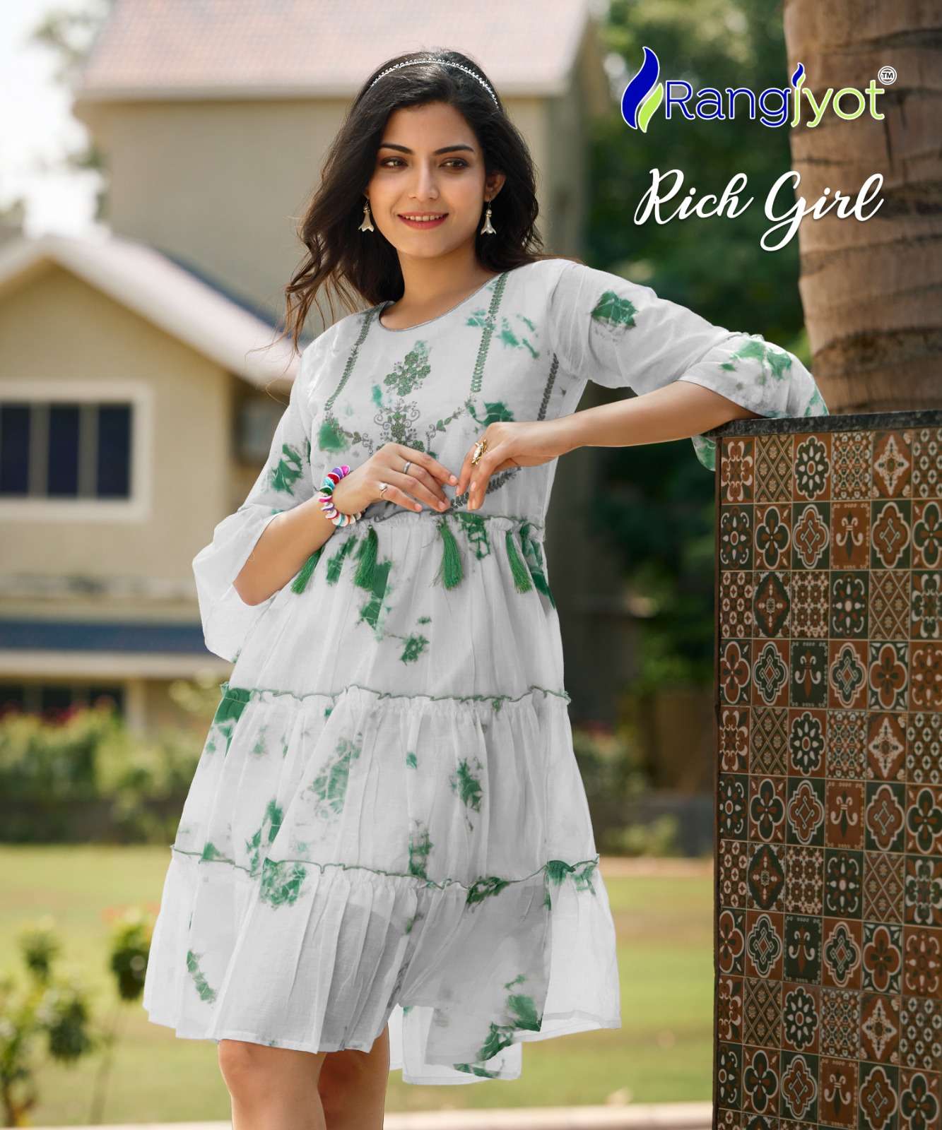 RICHGIRL MULL COTTON SEQUENCE, EMBROIDERY AND HANDWORK FANCY TUNICS WITH SHADES OF SHIBORI PRINT BY RANGJYOT BRAND POSTER